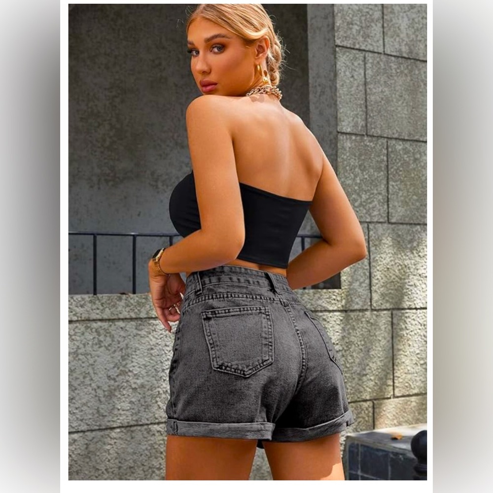 SHEIN High-Waisted Charcoal Stone Washed Denim Jean Shorts